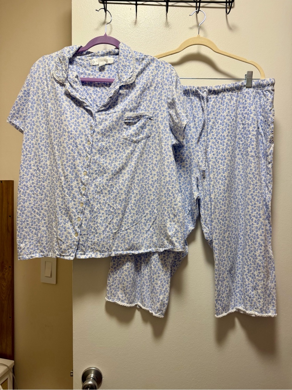 Eileen West Blue Floral Short Sleeve Capri Length Knit Pajama PJ Lounge Size XL